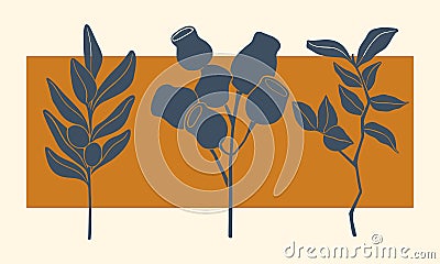 Set of four various Branches with Leaves and Flowers. Abstract elegant floral drawing. Vector Illustration